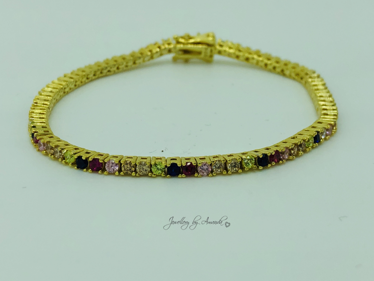 Armbånd belagt med 18 karat guld med smukke Cubic Zirconia sten i regnbuens farver